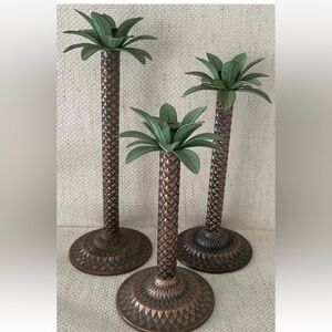 Handcrafted Palm Candlestick Holders with Green Leaf Accent - Set of 3